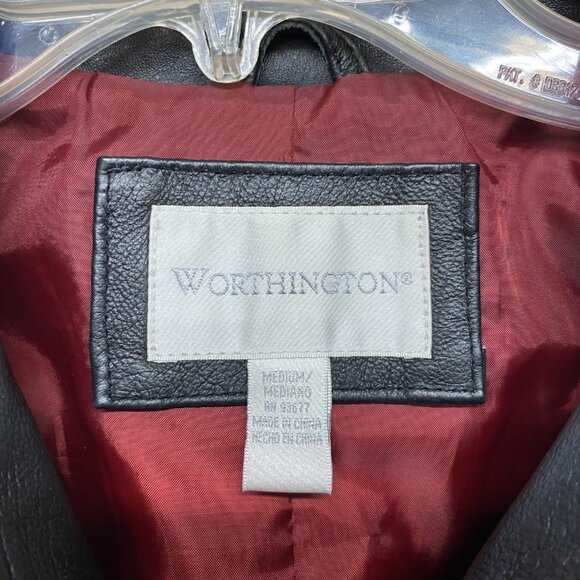 Worthington Women's Black Genuine Leather Blazer Jacket Petite Medium Belted - Picture 4 of 4
